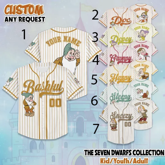 Personalized Disney The Seven Dwarfs Baseball Jersey, Custom Seven Dwarfs Jersey