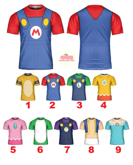 Super Mario Costume Cosplay, Mario Halloween Costume, Luigi Yoshi Toad Bowser Princess Peach, Mario Family Matching Shirts, Mario Group Tees