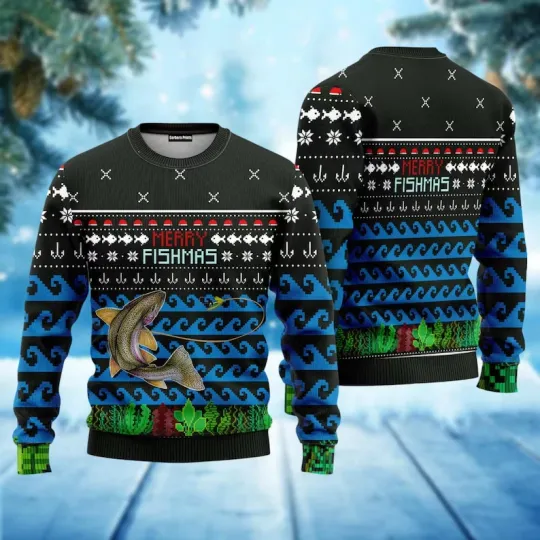 BG Merry Fishmas Ugly Christmas Sweater, Fishing Funny Xmas Sweater, Ocean Animal