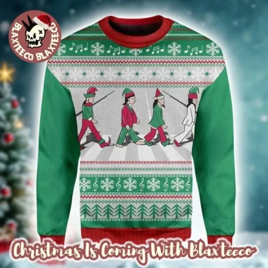 The Beatles Abbey Road Band Member As Elf Green And Red Knitted Ugly Sweater