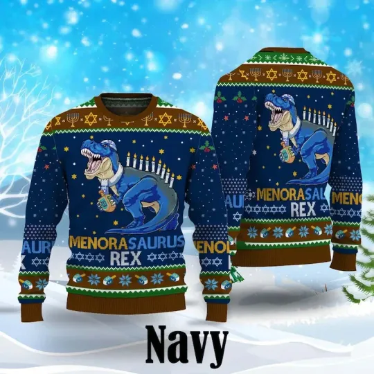 BG Menora Saurus Rex Sweater Christmas Ugly Sweater, Hanukkah Saurus Rex Xmas Sweater