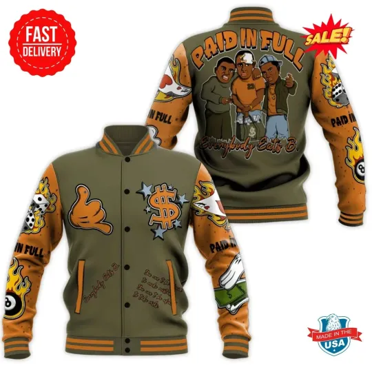Olive 5s Baseball Jacket, Everybody Paid In Full Graphic Jackets