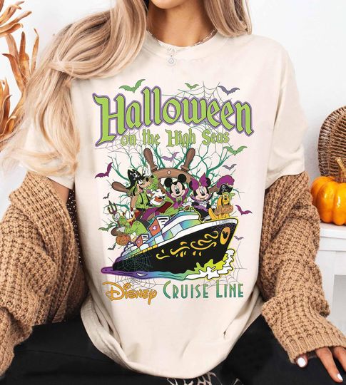 Discover Vintage Disney Halloween Cruise 2025 Shirt, Halloween on the High Seas Shirt