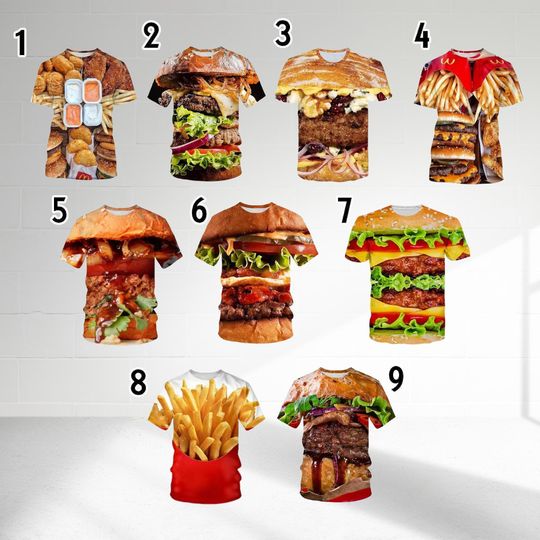 Discover Funny Food Burger Fries 3D Shirt, Fast Food Halloween Group Costume Shirt, Hamburger Food Matching Shirt, Food Lover Cosplay Outfit