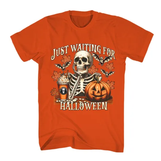 Discover Just Waiting for Halloween Shirt Vintage Retro Skeleton Pumpkin Scary Tee Shirt