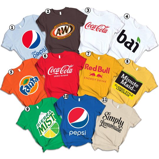 Soda Drinks Group Halloween Shirts, Group Soda Tshirt, Soft Drink Costume, Youth Cheer Shirt Friend Work Office Teacher Halloween Costume