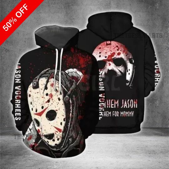 Discover Jason Voorhees 3D Hoodie, Red Blood Horror Killer Sweatshirt for Halloween Costume Gift, 3D Printed Halloween Sweatshirt, Scary Season Gift