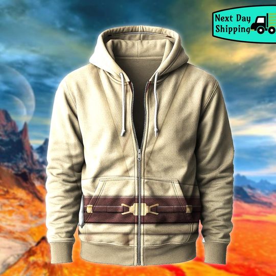 Discover Jedi Costume Zip Hoodie, Star Knight Cosplay Sweatshirt, Beige Robe Jacket, Halloween Outfit, Gift for Star Galaxy Fan
