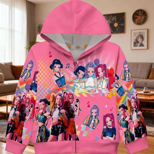 Discover Kpop Girl Group Hoodie, Pink Anime Zip Up Jacket, Cute Idol Outfit For Fans, Cartoon Style Sweatshirt, Gift For Kids And Teens