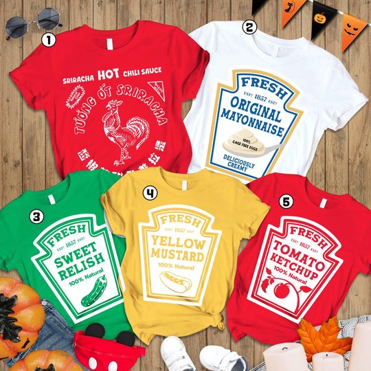 Condiments Halloween Group Costume Shirt, Cosplay Party, Matching Condiment Shirt, Ketchup Relish Mustard Mayo Sriracha Family Matching Tee