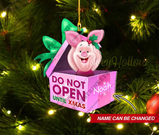 Piglet Christmas Gift Box Custom Name Ornament | Winnie The Pooh Characters Acrylic Ornament | Christmas Gifts For Kid.