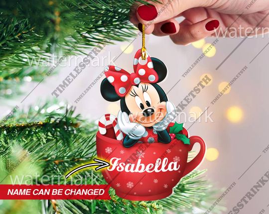 Discover Personalized Name Minnie Mouse Hot Cocoa Cup Mug Ornament, Disneyland Characters Custom Name Ornament, Christmas Gifts For Kid.