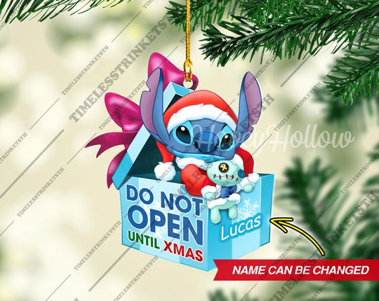 Cute Stitch Christmas Gift Box Custom Name Ornament | Lilo And Stitch Acrylic Ornament | Christmas Gifts For Kid.