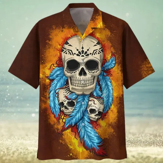 Discover Hawaiian Shirt Native Skull Blue Feather Brown Mens Clothing