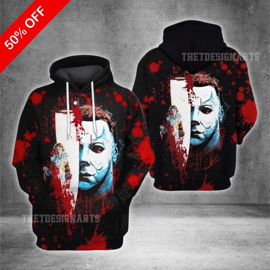 Michael Myers 3D Hoodie Bleed Face Knife Design, Scary Halloween Costume Apparel, Spooky Costume Shirt for Halloween Gift, Horror Fan Gift