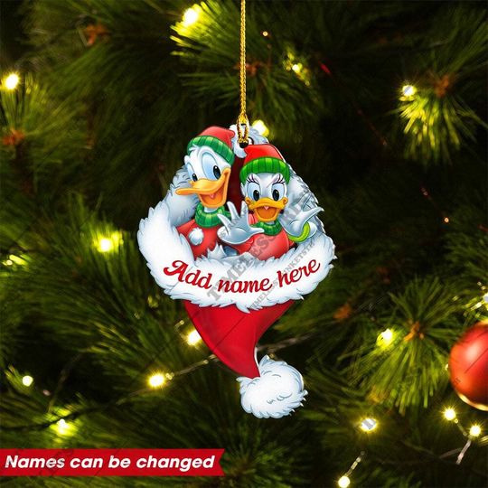 Discover Personalized Donald And Daisy Duck Santa Hat Ornament, Custom Couple Name Christmas Decoration, Christmas Gifts For Kid.