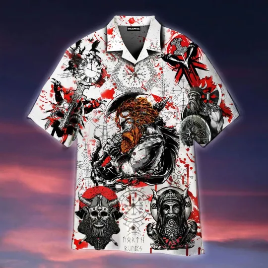 Viking on Red Moon Hawaiian Shirt