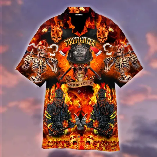 Discover Fire Skeleton Firefighter Hawaiian Shirt