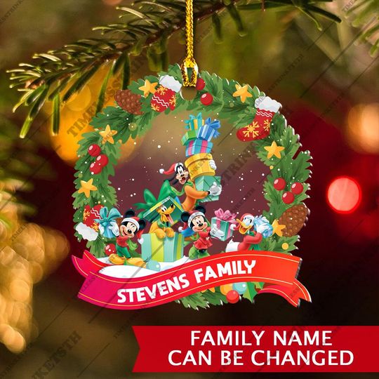 Discover Personalized Mickey & Friends Wreath Ornament | Custom Family Name Christmas Decoration | Disney Holiday Xmas Tree Gift