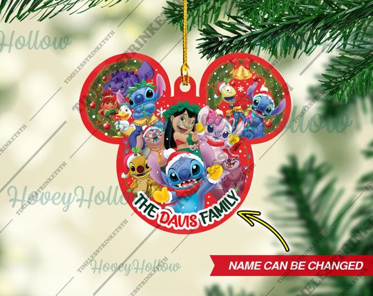 Discover Personalized Lilo & Stitch Christmas Ornament | Custom Family Name Mickey Head Decoration | Disney Xmas Tree Holiday Gift