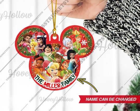 Personalized Tinker Bell & Peter Pan Ornament | Custom Family Name Mickey Head Christmas Decoration | Disney Holiday Tree Gift