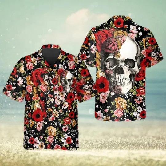 Discover Red Flower Hawaiian Shirt with Skull Pattern for Summer