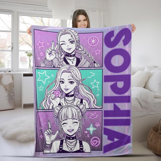 Discover Kpop Demon Hunters Custom Blanket, Kpop Fun Gift, Cozy K-Pop Demon Hunters Huntrix Blanket, Anime Inspired, Cute Huntrix Inspired BZJN06