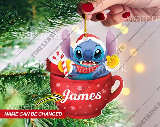 Personalized Name Stitch Hot Cocoa Cup Mug Ornament, Disneyland Characters Custom Name Ornament, Christmas Gifts For Kid.