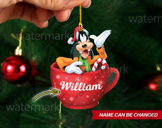 Discover Personalized Name Goofy Hot Cocoa Cup Mug Ornament, Disneyland Characters Custom Name Ornament, Christmas Gifts For Kid.