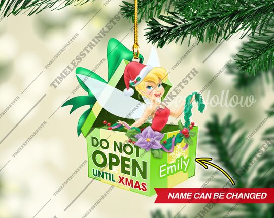 Tinker Bell Christmas Gift Box Custom Name Ornament | Disneyland Characters Acrylic Ornament | Christmas Gifts For Kid.