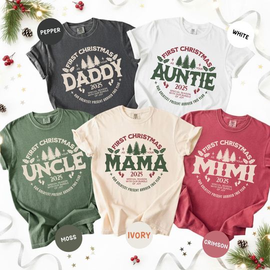Discover Custom First Family Christmas Shirt, Comfort Colors Matching Family Christmas 2025 Tshirt, Personalized Name Trendy Christmas Shirt