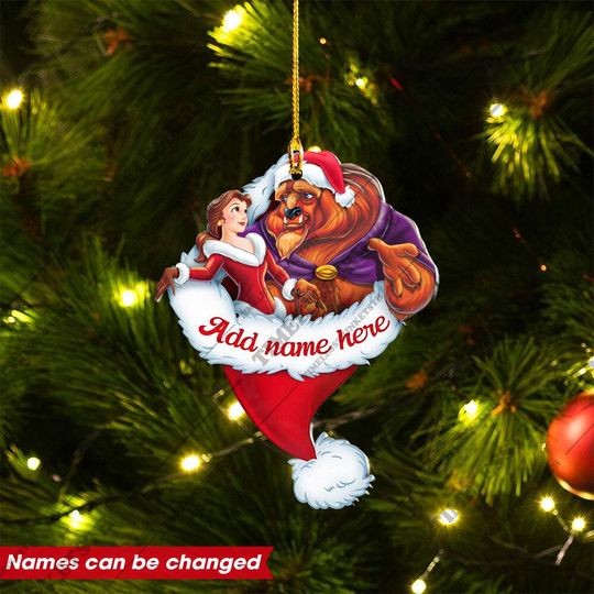 Personalized Beauty And The Beast Santa Hat Ornament, Custom Couple Name Christmas Decoration, Christmas Gifts For Kid.