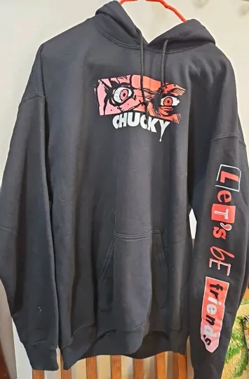 Discover Chucky Hoodie "Lets Be Friends Unisex Sz L Black Halloween Childs Play Cult Goth