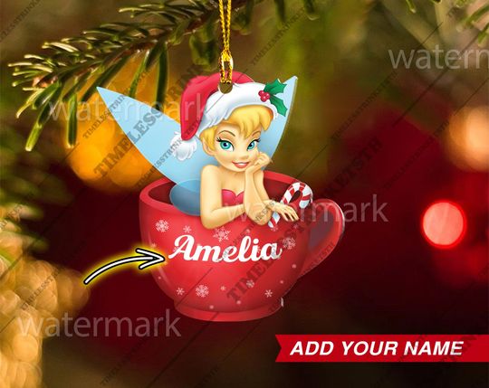 Personalized Name Tinker Bell Hot Cocoa Cup Mug Ornament, Disneyland Characters Custom Name Ornament, Christmas Gifts For Kid.