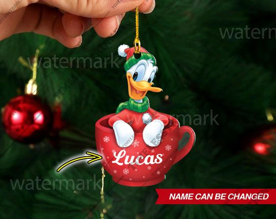 Personalized Name Donald Duck Hot Cocoa Cup Mug Ornament, Disneyland Characters Custom Name Ornament, Christmas Gifts For Kid.