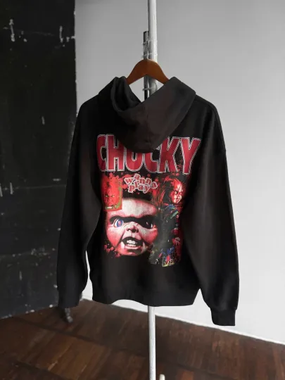 Discover Chucky Wanna Play NWT Horror Movie Black Printed Hoodie Streetwear