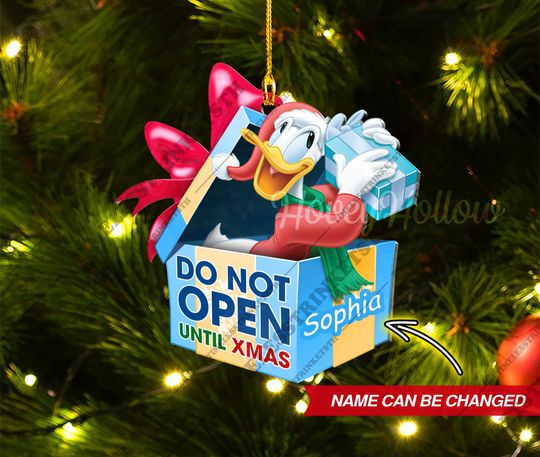 Donald Duck Christmas Gift Box Custom Name Ornament | Disneyland Characters Acrylic Ornament | Christmas Gifts For Kid.