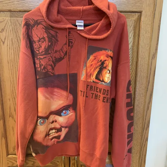 Chucky Horror Movie Patch Orange Pullover Hoodie Halloween