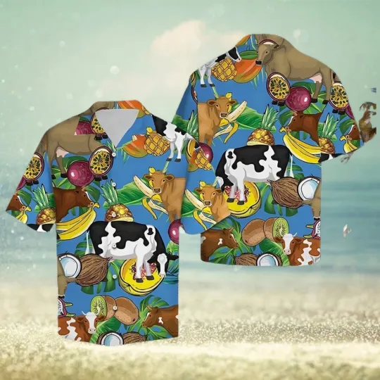 Cow Hawaiian Shirt with Tropical Fruits, Aloha Style