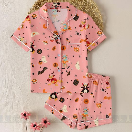 Discover Mickey Minnie Donald Friend Halloween Pink Team Unisex Satin Pajamas Set, Spooky Season Pajamas , Long Sleeve And Short Styles
