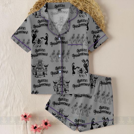Discover Skeleton In Yard Mickey Silly Symphony Unisex Satin Pajamas Set, Nightmare Before Christmas Shirt, Long Sleeve And Short Styles