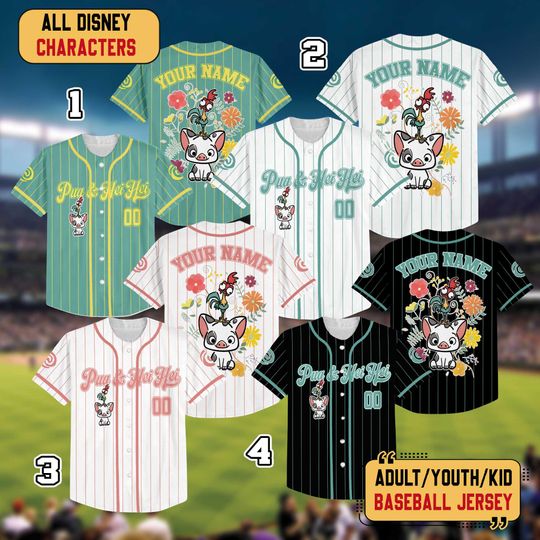 Discover Personalized Pua And Hei Hei Floral Baseball Jersey, Custom Disney Moana Baseball Jersey, Disneyland Trip Family Shirt, Disney Friends Tee