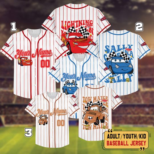 Discover Custom Disney Cars Baseball Jersey,  Pixar Cars Movie Jersey, Cars Lightning McQueen Tow Mater Sally Jersey, Cars Kids Adult Birthday Gift