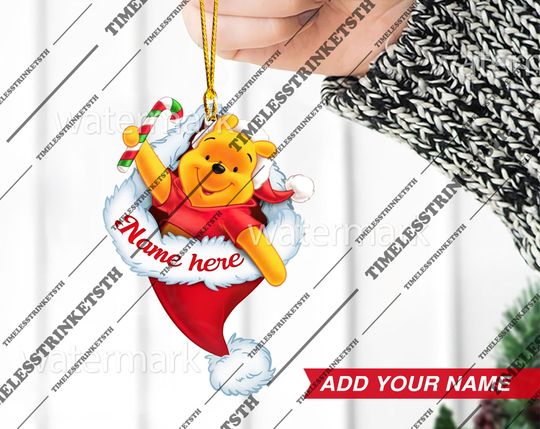 Pooh Bear Custom Name Christmas Ornament | Winnie The Pooh Characters Acrylic Ornament | Disneyland Personalized Family Ornament.