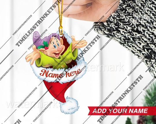 Dopey Dwarf Custom Name Christmas Ornament | Snow White Characters Acrylic Ornament | Disneyland Personalized Family Ornament.