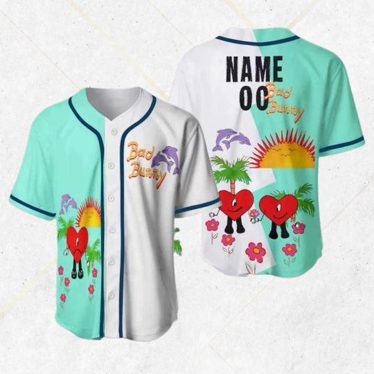 Discover Custom Bad Bunny Inspired Baseball Jersey: Tropical Hearts, Dolphins, Sun
