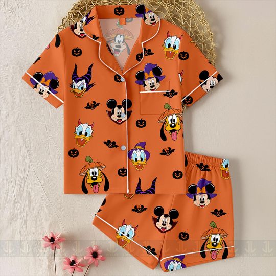 Discover Mickey Minnie Pluto Vampire Daisy Maleficent Unisex Satin Pajamas Set, Spooky Season Pajamas, Long Sleeve And Short Styles
