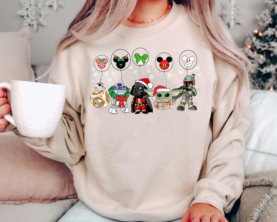 Star Wars Christmas Balloon Sweatshirt | Retro Holiday Shirt with Grogu Vader R2D2 BB8 | Vintage Disney Tee 2025