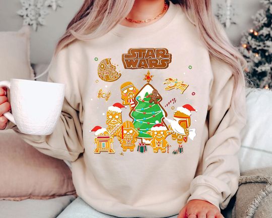Discover Star Wars Gingerbread Christmas Sweatshirt | Retro Holiday Shirt with Yoda Chewbacca R2D2 | Vintage Disney Tee 2025