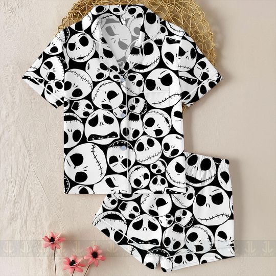 Discover Jack Skellington Big Face Unisex Satin Pajamas Set, Spooky Season Pajamas , Long Sleeve And Short Styles